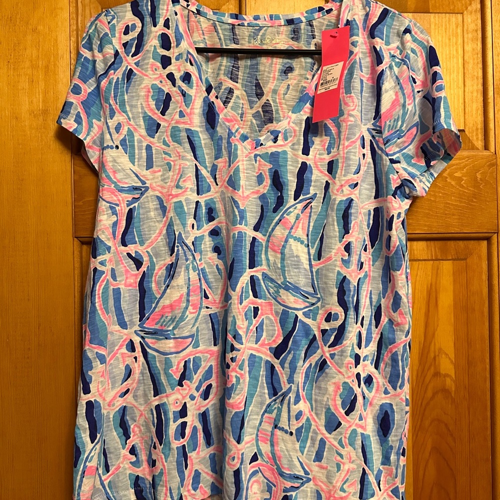 Lilly Pulitzer Etta V-Neck Top in Skim Blue Reel Nauti